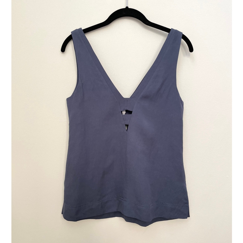 Reiss Emi Linen Blend Boxy V-neck Tank Top Womens 0 Mid Blue Ladder Cut Out